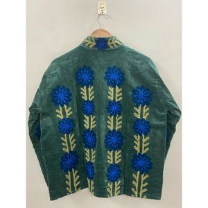 Hand Embroidered Cotton <b>Velvet</b> Winter Jacket <b>Women</b> Mandarin Collar Full Sleeve Autumn Floral Pattern Open Front <b>Coat</b> - Product Image 2