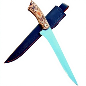 Couteau à fileter artisanal de qualité industrielle, manche en bois, lame à pointe tombante dentelée en acier inoxydable, épaisseur OEM, cuir écologique - Product Image 1