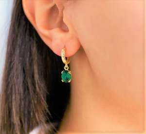 <b>Emerald</b> Dangle Hoop Earrings May Birthstone Oval Cut Green Gemstone 925 Sterling Silver 14K Gold Plated Jewelry/ - Product Image 5