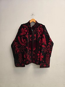 Premium Handcrafted Black Velvet <b>Jacket</b> with Rich Red Suzani Inspired Floral Embroidery and Striped Lining Authentic Artisanal - Product Image 1