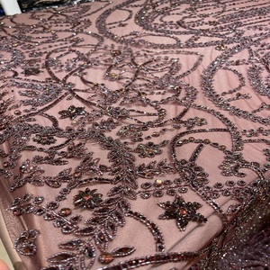 High Quality Lace <b>Fabric</b> With Heavy Beads And Sequins Embroidery For Bridal Wear Evening Gowns And Fashion Textile Applications - Product Image 1