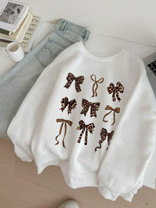 เสื้อฮู้ดดี้ลายเสือดาวพิมพ์ลายโบว์สำหรับผู้หญิง เสื้อผ้าลำลองผ้าฟลีซเข้าได้กับทุกชุด สไตล์สตรีท ใส่ได้ทั้งฤดูใบไม้ร่วงและฤดูหนาว - Product Image 2