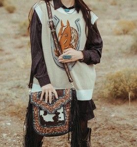 Western Tooled Leather Cowhide Crossbody <b>Bag</b> with Fringe – Vintage <b>Boho</b> Shoulder Messenger <b>Bag</b> for Women - Product Image 4