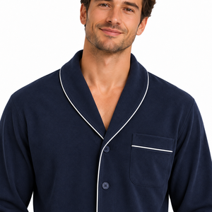 <b>Men</b> Luxury Breathable Cotton <b>Pajama</b> <b>Set</b> Long Sleeve Button Sleepwear Winter/Spring Warm Loungewear Matching Lounge Pants Navy - Product Image 4