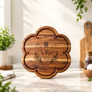 Planche à découper en bois d'acacia avec motif floral, planche à découper en bois faite à la main pour la cuisine, décoration et service alimentaire - Product Image 5