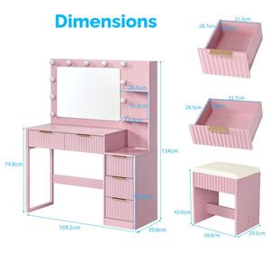 5-Drawer 2-Tiered Pink Particleboard Dressing Table Set Melamine Finish 11 Three-Tone Light Bulbs Power Strip Makeup Vanities - Product Image 4