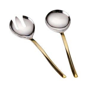 Embossed Design Golden Brass Handle Stainless Steel Salad <b>Server</b> for Home and Hotels Tabletop Silver Salad <b>Server</b> Sets - Product Image 5
