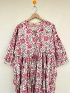 Robe midi bohème pour femme, en coton rose à imprimé floral, manches bouffantes et col noué, robe d'été décontractée - Product Image 2