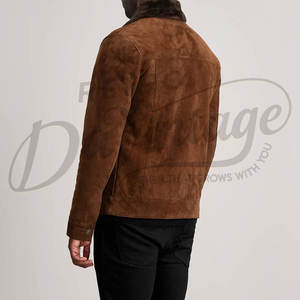 Veste en cuir suédé marron pour homme, style camionneur, hiver, col en fourrure, coupe ajustée, style western décontracté, veste en jean, vêtement d'extérieur - Product Image 1