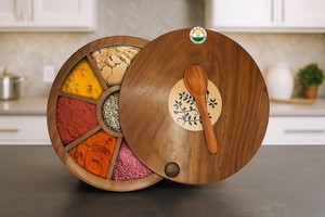 Natural Wood Spice <b>Box</b> Masala Dabba with 7 Sections and Transparent Lid - Product Image 6