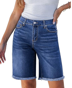 Shorts de mezclilla de cintura alta sexys para mujer, con dobladillo deshilachado, transpirables, ligeros, bordados, lavado medio, azules, de algodón, de pierna ancha, para verano. - Product Image 3