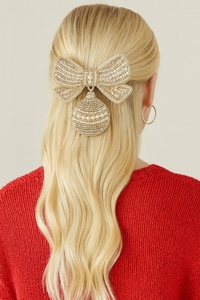 Classic Holiday Design Christmas Green Satin Hair Bow Clip with Holly Berry Decoration Elegant Holiday Hair Accessory for Women - Product Image 4