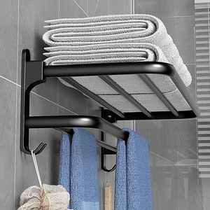 Porte-serviettes mural à double niveau en acier inoxydable, rangement minimaliste pour salle de bain avec crochets pour serviettes et accessoires - Product Image 3