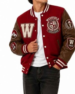 Westfield College Varsity Jacke für Herren, Rot, Wollstoff mit Lederärmeln, Besticktes Patch-Design, Preppy-Stil, Umlegekragen, Herbst - Product Image 4