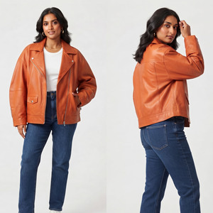 Veste en cuir ample pour femme, coupe décontractée, vêtement d'extérieur d'hiver, veste de motard en cuir véritable, col rabattable, veste en cuir de motard - Product Image 5