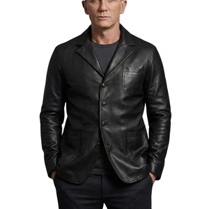 Veste en cuir véritable noire pour homme, col rabattu, coupe ajustée, style décontracté - Product Image 5