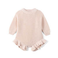 Romper rajutan bayi perempuan lucu, lengan panjang, kerah kru, bagian bawah berumbai, katun lembut, bernapas, tanpa jahitan, onesie musim dingin, bodysuit bayi