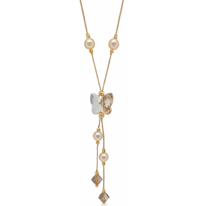 Sofisticado collar en Y con mariposa de oro rosa de 18 quilates, detalles de cristal y perlas de imitación, colgante de moda, joyería elegante para mujer - Product Image 1