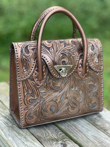 Bolso de Mano de Cuero Genuino con Diseño Vintage para Mujer |   Bolso Satchel con Asa Superior, Estilo Western, con Relieve Floral, Hecho a Mano - Product Image 2