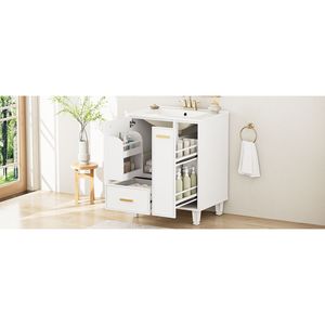 Mobile Bagno in Legno Massello da 24 Pollici con Struttura in MDF, Lavabo, Ripiano, Cassetto Profondo e Cesto Estraibile a 2 Livelli - Armadietto Bagno di Qualità - Product Image 1