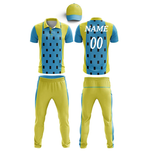 Ensemble d'uniformes de cricket personnalisés pour hommes, chemise à pois rouges et jaunes, pantalon de survêtement respirant 100% polyester, séchage rapide, protection UV, sport - Product Image 3