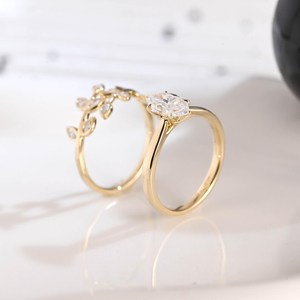 Anillo Solitario de Diamante Corte Marquesa de 1.00CT con Banda Abierta de Hoja y Rama, Oro Sólido de 14K, Diamante Cultivado en Laboratorio, Regalo para Bodas y Fiestas - Product Image 5