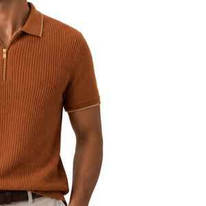 Brown <b>Orange</b> Men Knitted <b>Polo</b> Shirt Gold Zipper Short Sleeve Luxury Casual Textured Fabric Custom Logo Designer Golf Shirt OEM - Product Image 4