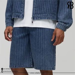 Rubabull Men Custom Striped Denim Shorts <b>Baggy</b> Fit Blue Jean Shorts Casual Streetwear Knee Length <b>Jorts</b> Bulk OEM - Product Image 5