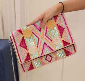 Multi Color Beaded Clutch Pouch Aztec Sequin Evening Purse Tribal Design <b>Crossbody</b> Handbag Women Party Chain Strap <b>Canvas</b> Wallet - Product Image 1