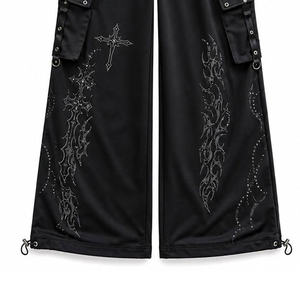 Men's <b>Black</b> Gothic <b>Cargo</b> Pants with Cross Print Wide Leg Fit Chain Detail and Adjustable Drawstring - Product Image 6