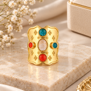 Anillo de Piedras Preciosas con Baño de Oro de 18K, Colorido y Brillante, Joyería de Moda Auténtica, Anillos Ajustables con Geometría Rectangular Minimalista - Product Image 1