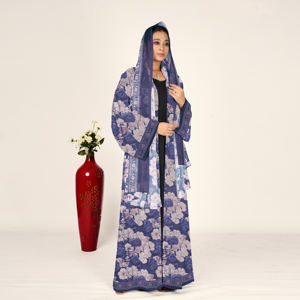 Abaya de Chifón con Motivo Botánico, Pañuelo para la Cabeza Drapeado, Manga Fluida Abierta por Delante, Ropa Islámica Modesta para Mujer, Estilo Árabe, Eid, ODM - Product Image 5