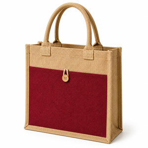 Jute Shopping <b>Bag</b> <b>Medium</b> <b>Size</b> Button Closure Cotton Padded Handle Natural Laminated Material Front Pocket - Product Image 1