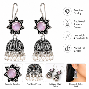 Boucles d'oreilles pendantes Jhumka vintage en laiton oxydé argenté et quartz rose pour femme, idéales pour un mariage - Product Image 3