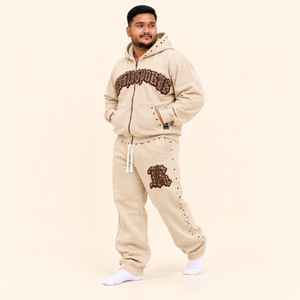 Rexfit sports 2026 Custom <b>Men</b>’s Cream Studded Tracksuit Zip Up <b>Hoodie</b> and Jogger Set with <b>Brown</b> Applique Streetwear Design - Product Image 6