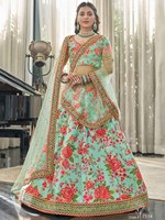 Lehenga Choli en soie vert menthe à motifs floraux avec dupatta, tenue de mariage indienne traditionnelle pour femmes, extensible et infroissable, Code 7514
