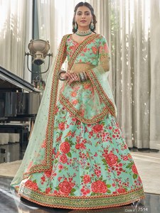 Mint <b>Green</b> <b>Silk</b> Floral Lehenga Choli with Dupatta Traditional Indian Wedding Outfit for Women Stretchable Wrinkle-Free Code 7514 - Product Image 1