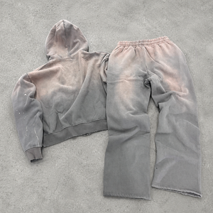 Ensemble de survêtement pour homme gris avec sweat à capuche zippé et pantalon de survêtement, patchwork, appliqué, badge, coupe ample, 2 pièces, streetwear - Product Image 3