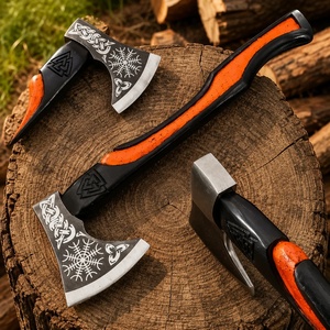 Hacha Vikinga Jexmoo de 19 Pulgadas de Acero al Carbono con Cabeza Barbañuda Grabada y Mango Naranja y Negro para Camping y Caza - Product Image 1