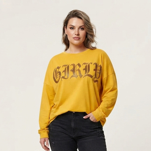 Camiseta de Manga Larga con Pedrería para Mujer, Estilo Urbano, Algodón Grueso Premium, Hombros Caídos, Corte Holgado, Informal - Product Image 1