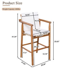 Tabourets de bar modernes en bois d'acacia pour patio, ensemble de 2 chaises de comptoir d'extérieur confortables avec dossier et accoudoirs, assise en toile, durables et élégants - Product Image 5