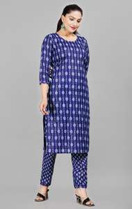 Ensemble Kurta Pantalon Long Formel en Tissu Oxford de Coton Imprimé Floral Bleu Marine Aarti Fashion, Séchage Rapide, Élégant, Vêtement Ethnique pour Femmes - Product Image 2