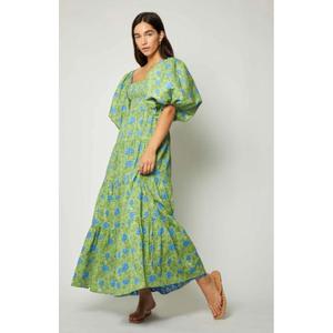 Vestido Largo con Hermosa Combinación de Colores, Abertura Lateral en la Cintura, Estilo Moderno, Estampado Azul Atrevido - Product Image 2