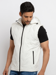 Gilet matelassé à capuche blanc pour homme, fermeture éclair, coupe-vent, vêtement d'extérieur décontracté, longueur normale, couleur unie, polyester - Product Image 3