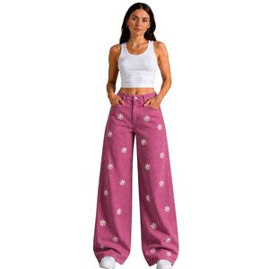 Jean en denim rose pour femme, coupe large, broderie florale, taille haute, ample, style streetwear décontracté, personnalisable OEM ODM, vente en gros - Product Image 1
