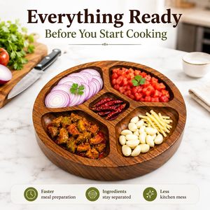 Assiette de service ronde en bois d'acacia avec 5 compartiments, plat divisé fait main pour la présentation des aliments lors de fêtes, style chinois traditionnel - Product Image 2