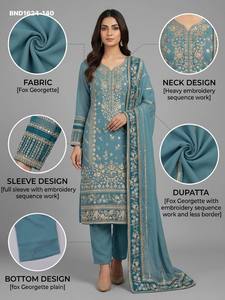 Costume droit de créateur en faux georgette lourd avec broderie de sequins, manches longues, pantalon uni et dupatta de travail, à prix de gros - Product Image 2