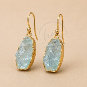 Handmade Raw Aquamarine <b>Earrings</b> Brass Gold Plated Natural Rough Aquamarine Drop <b>Earrings</b> Bohemian Artisan Gemstone Jewelry - Product Image 1