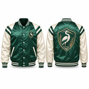 Varsity Satin <b>Jacket</b> Sublimated Graphics Smooth Finish Ribbed Collar Personalized Artwork Embroidered <b>Patch</b> Promotional Athletic - Product Image 2