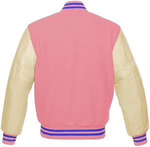 เสื้อแจ็คเก็ตเบสบอลแบบวาร์ซิตี้สีฟ้าลายทาง แต่งแพทช์การ์ตูน คอตั้ง ผ้าขนสัตว์สีชมพูอ่อน แบบของที่ระลึก - Product Image 3